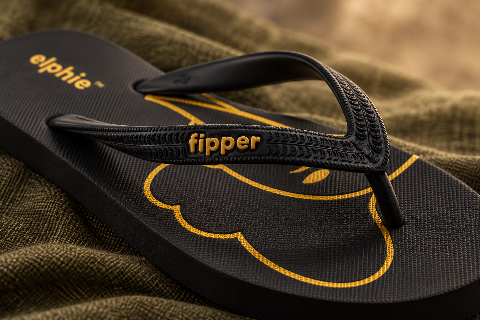 Fipper Elphie 黑金鞋带和橡胶纹理近景，AI 场景示意